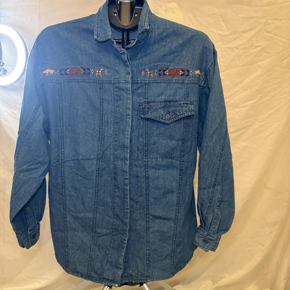 VTG Together! Aztec Embroidered Denim Shirt Women’s M Western Tribal Long Sleeve
